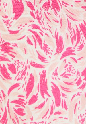Baumwollstoff mit einem hellrosa Hintergrund, der ein wirbelndes florales Muster in leuchtenden Rosatönen und dunkleren Akzenten zeigt.