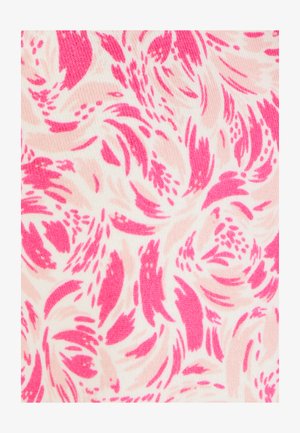 Baumwollstoff mit einem hellrosa Hintergrund, der ein wirbelndes florales Muster in leuchtenden Rosatönen und dunkleren Akzenten zeigt.