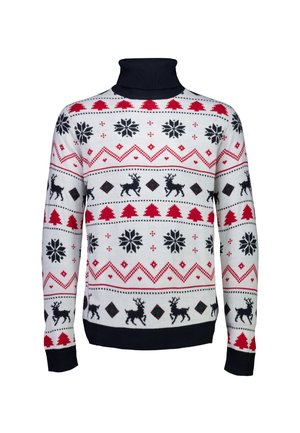 Maglione a collo alto lavorato a maglia in bianco con motivi geometrici rossi, neri e verdi, che presentano renne, fiocchi di neve e alberi. Polsini e orlo a costine.