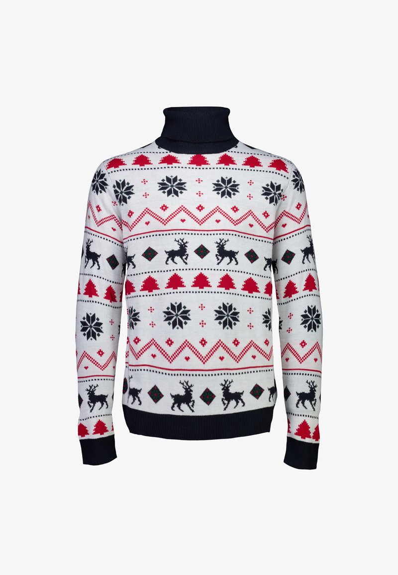 Maglione a collo alto lavorato a maglia in bianco con motivi geometrici rossi, neri e verdi, che presentano renne, fiocchi di neve e alberi. Polsini e orlo a costine.