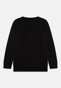 Felpa nera con maniche lunghe, colletto e polsini a coste, tessuto liscio, senza loghi o abbellimenti visibili. Solo vista posteriore.