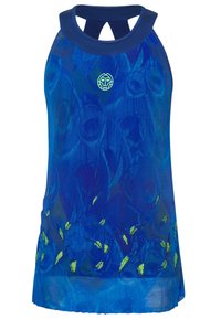 Modrý halter top má texturovaný vzor s abstraktními víry a zelenými akcenty listů, vyrobený z lehkého materiálu, s designem v podobě klíčové díry na zádech.