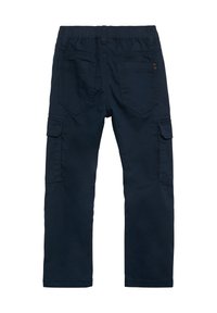 Marine cargobroek met een elastische tailleband, twee zijzakken en twee achterzakken. Glad textuur, rechte pijpen en duurzame stof.
