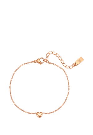 Rose gold chain bracelet with a small heart charm at the center and an adjustable clasp with tag on a white background.