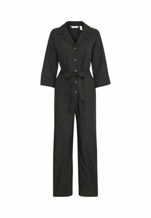 Sort jumpsuit med krave, frontknapper, bælte i taljen og trekvartærmer. Fremstillet i glat stof med lige ben.