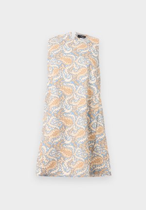 Abito senza maniche a linea ad A con motivo floreale e paisley beige e azzurro chiaro su sfondo bianco, caratterizzato da scollo rotondo con piccolo occhiello.