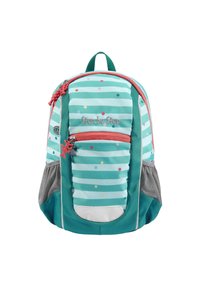 Zaino a strisce turchesi e bianche con pois, dotato di una cerniera rosa e dettagli grigi. Include tasche laterali in rete e uno schienale imbottito.