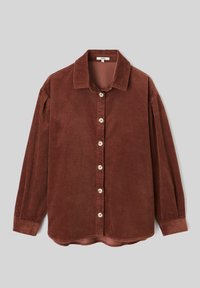 Chemise en velours côtelé marron avec un col classique, une fermeture par boutons et des manches longues. Présente des côtes verticales et un ourlet arrondi.
