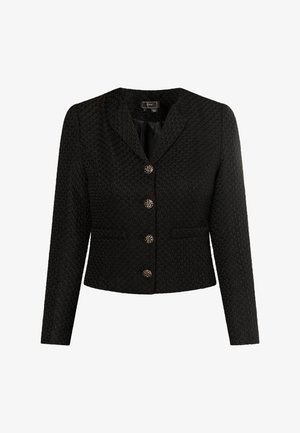 Zwarte textuurjack met een fitted ontwerp, twee voorzakken en zes decoratieve knopen. Hoge kraag met een gladde binnenvoering.