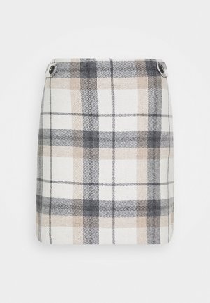 Károvaná mini sukně v béžové, bílé a šedé barvě. Vyrobena z texturované látky s dvěma bočními knoflíky, s přiléhavým střihem a rovním lemem.