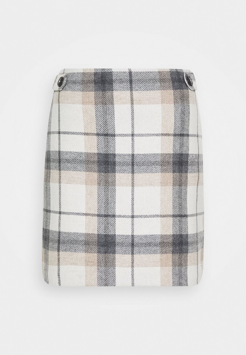 Jupe mini en tartan beige, blanc et gris. Fabriquée en tissu texturé avec deux boutons latéraux, dotée d'une coupe ajustée et d'un ourlet droit.