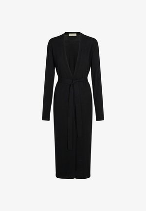 Black long-sleeve knee-length cardigan with V-neck and matching fabric belt tied at the waist.