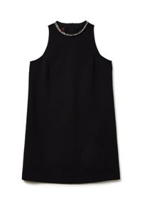 Abito nero senza maniche con un collo alto, tasche laterali discrete e un dettaglio decorato sul collo con chiusura a zip sul retro.