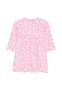 Helles rosa Kleid mit Gänseblümchenmuster, langen Ärmeln und gerafftem Bund. Weicher, strukturiert Stoff mit gewellten Ärmelenden.