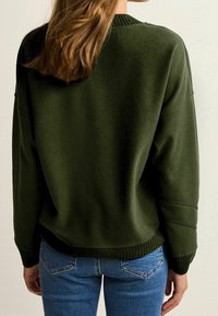 Ciemnozielony sweter z prążkowanym kołnierzem, luźnym krojem i poziomymi przeszyciami na rękawach. Noszony z niebieskimi dżinsami, widok od tyłu.