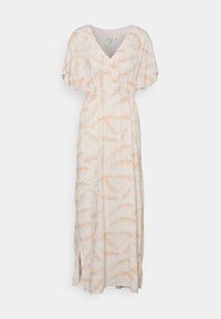 Robe maxi à manches courtes, décolleté en V, taille élastique. Fabriquée en tissu blanc avec des motifs de feuilles oranges et des fentes sur les côtés pour faciliter les mouvements.