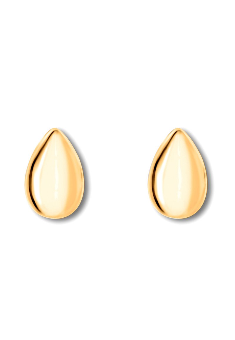 Orecchini a goccia in oro con una superficie liscia e lucida e una finitura riflettente, di circa 1,5 cm di lunghezza.