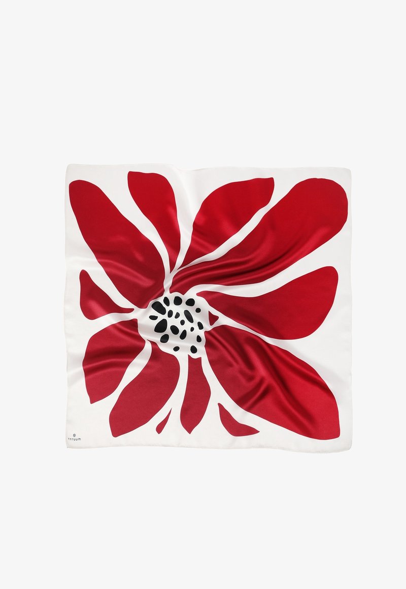 Foulard carré en soie blanc avec de grands pétales de fleurs rouges abstraites et un motif central noir à pois.
