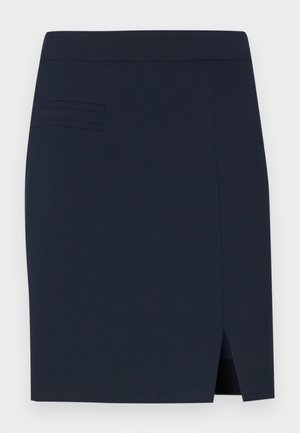 Marineblaue taillierte Rock aus glattem Stoff, mit einem Schlitz hinten und drei horizontalen Steppnähten im Bereich der Vorderhosentaschen.
