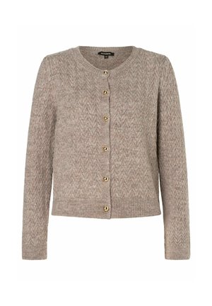 Bruine herringbone cardigan met lange mouwen, ronde halslijn en gouden knopen aan de voorkant. Geribbelde rand en manchetten. Zachte textuur.