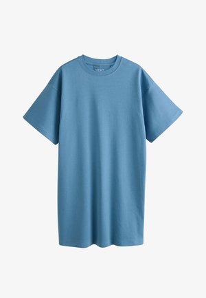 Svijetloplava pamučna majica s okruglim izrezom, kratkim rukavima i opuštenim krojem. Glatke teksture bez vidljivih uzoraka ili detalja.