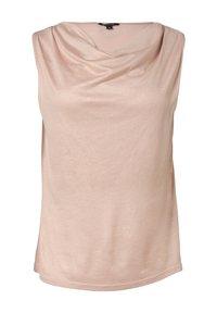 Ärmelloses Oberteil aus leichtem rosa Stoff, mit einem drapierten Ausschnitt und glatter Textur. Schlichtes Design ohne Muster oder Verzierungen.