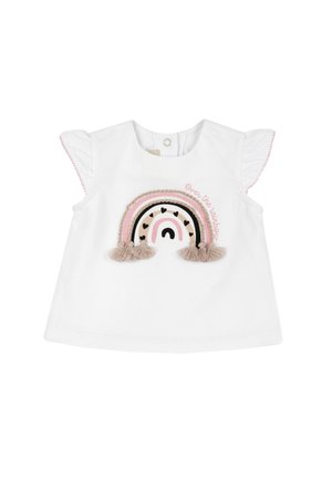 Haut sans manches blanc pour bébé avec bords froncés, comportant un motif arc-en-ciel rose et noir avec des pompons et le texte "over the rainbow."