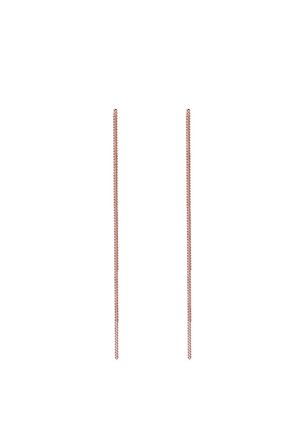 Dünne, lange Roségold-Kettenohrringe mit einfachem, schlankem Design vor weißem Hintergrund.