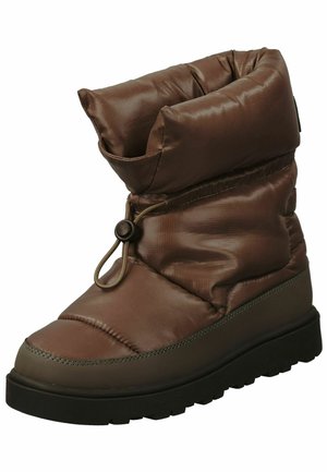 Brown padded ankle boot with black thick sole and adjustable elastic drawstring around the ankle for a secure fit.