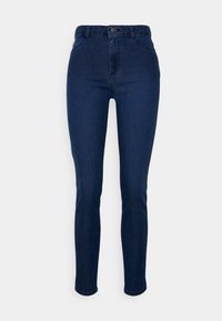 Mörkblå hög midja skinny jeans tillverkade av denimtyg, med knappstängning fram, två framfickor och en smal passform.