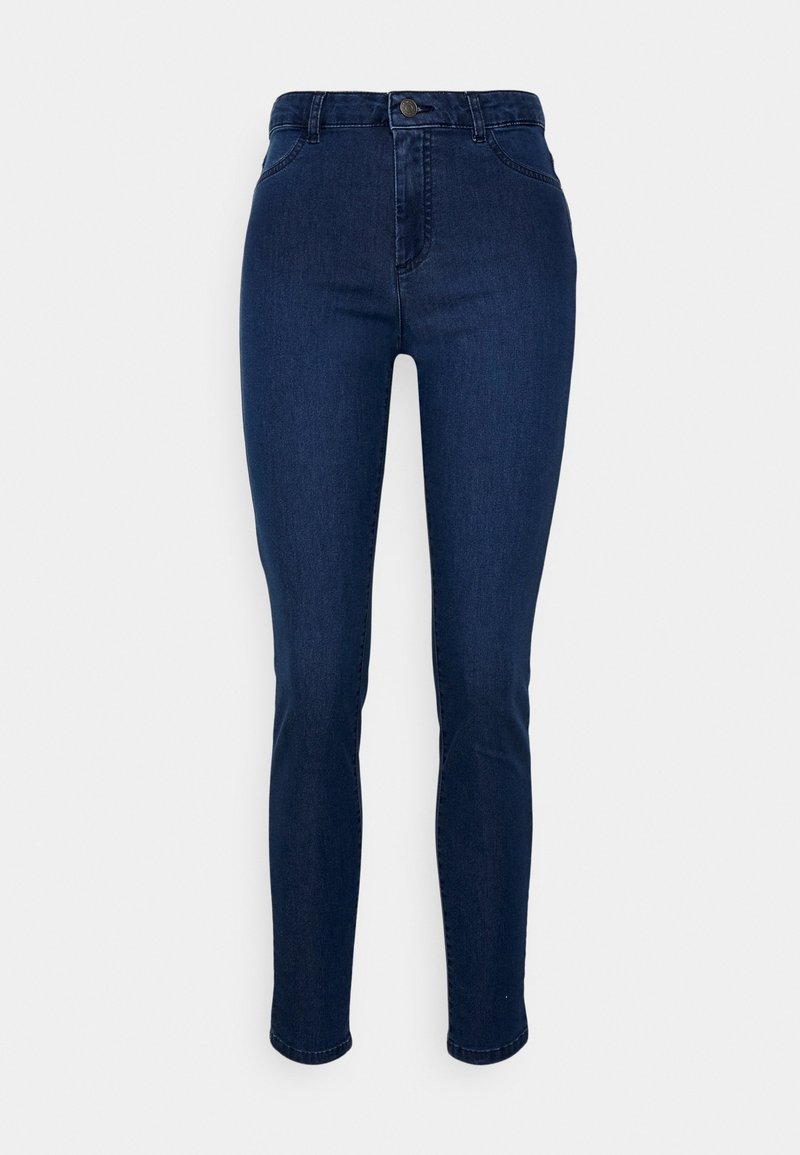 Tummansiniset korkeavyötäröiset skinny-farkut, jotka on valmistettu denim-kankaasta. Niissä on etupainonappikiinnitys, kaksi etutaskua ja tyylikkäät linjat.