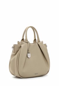 Beige leather handbag with a soft, textured finish, featuring two rounded handles, a zipped top, and a subtle silver logo pendant.