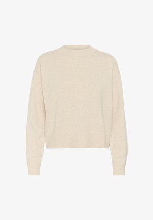 Beige Strickpullover mit geripptem Rundhalsausschnitt und langen, leicht fallenden Ärmeln. Weiche Textur und cropped Design.