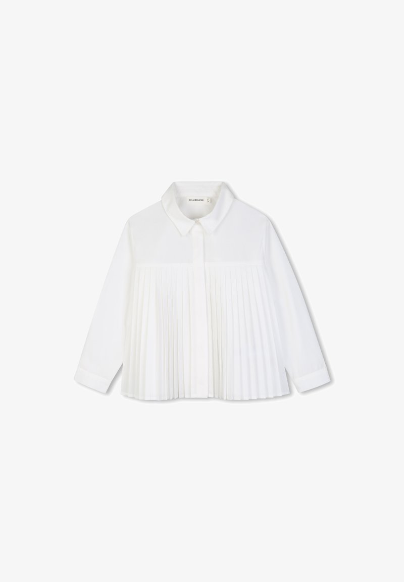 Chemise blanche à manches longues avec col pointu et design plissé sur le devant, fermeture boutonnée et poignets droits.