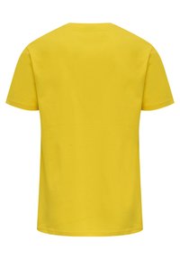 Gelbes Baumwoll-T-Shirt mit kurzen Ärmeln und Rundhalsausschnitt. Die Rückseite ist schlicht ohne Muster oder Akzente und hat eine glatte Textur.