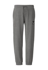 Grijze sweatpants van zachte stof, voorzien van een elastische tailleband met koord, en een geborduurd ontwerp op de linkerdij. Elastische boorden bij de enkels.