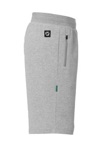 Grå bomuldsshorts med elastisk talje, en sidelomme med lynlås og et lille sort logo-patch på forsiden. Flade sømme.