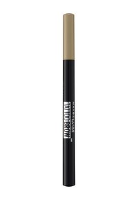 Stylo à sourcils noir avec un capuchon doré, arborant le nom de la marque et les détails du produit en texte blanc gras sur le côté. Design élégant pour une application précise.