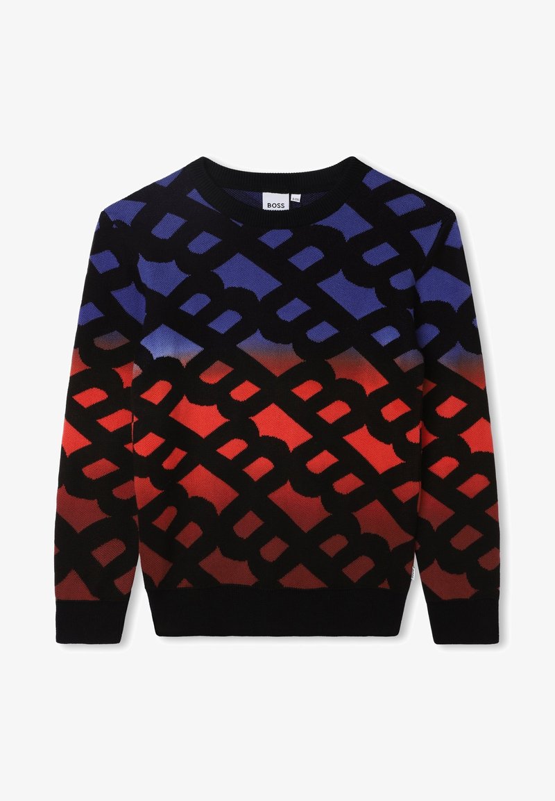 Pull avec motif géométrique noir sur un fond dégradé allant du bleu en haut au rouge en bas, manches longues, col rond.