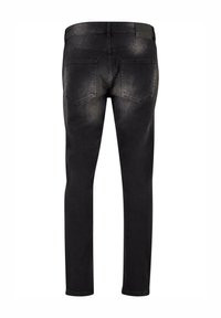 Sorte slim-fit jeans med baklommer og diskret fading på lår- og setefelt, vist fra baksiden.