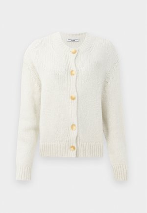 Crème, gebreide cardigan met een ronde halslijn, met vier grote, gouden knopen en geribbelde manchetten en zoom. Gestructureerde stof.