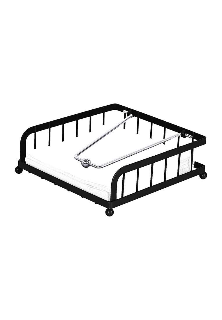Porte-serviettes en métal noir avec une pile de serviettes blanches maintenue par un bras à ressort en métal argenté équipé d'une poignée ronde.