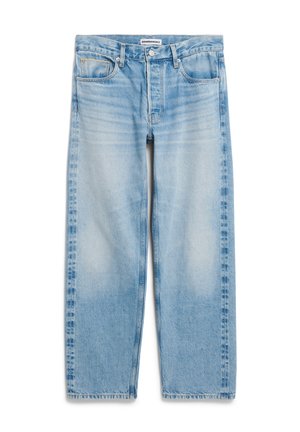 Lichtblauwe denim jeans met een rechte poot, voorzien van een knopenfly, vijf zakken en subtiele vervagingen door de stof.