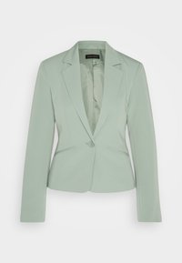 Světle zelený blazer s přiléhavým střihem, jedním knoflíkem na zapínání, ostrými klopami a dvěma předními kapsami. Hladká tkanina s jemným leskem.