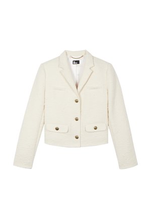 Hvid cropped blazer lavet af tekstureret stof, med reverskrave, to forlommer og knapper i guldton.