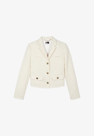 Weißer, kurz geschnittener Blazer aus strukturiertem Stoff, mit Reverskragen, zwei Vordertaschen und goldfarbenen Knöpfen.