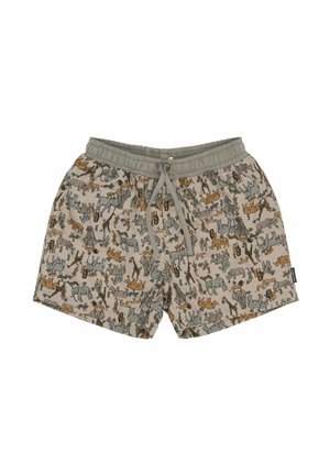 Badetøjsshorts med dyreprint lavet af blødt materiale. Beige baggrund med illustrationer af forskellige dyr i grå og orange. Elastisk talje med snøre.