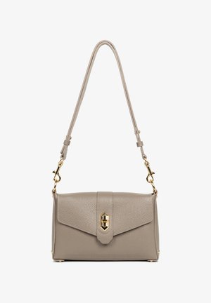 Borsa a tracolla in pelle grigia con una forma strutturata, dotata di patta frontale, accessori in oro e tracolla regolabile. Texture liscia con dettagli sottili.