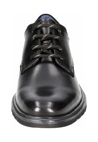 Chaussure habillée en cuir noir avec lacets noirs et blancs, bout arrondi et semelle épaisse en caoutchouc, vue de face.