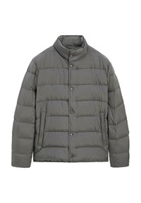 Grau gepolsterte Jacke mit Stehkragen, Druckknopfverschluss und Seitentaschen, die ein gestepptes, steppungsartiges Muster sowie eine kastige Passform aufweist.